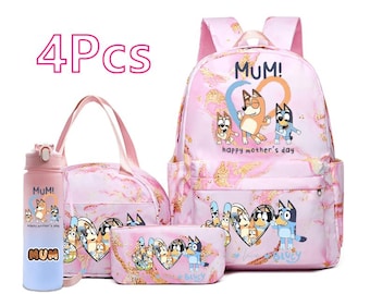 Bluey Backpack Set 4Pcs | In My Muffin Era School Bag | Pink Bluey Toddler Backpack with Lunch Bag, Pencil Case, Water Bottle