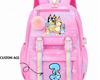 Custom Bluey Backpack 1Pc | Rainbow Pastel Tie Dye School Bag | Cute Bluey Bingo Birthday Party Bookbag for Girls Boys Back to School Gift
