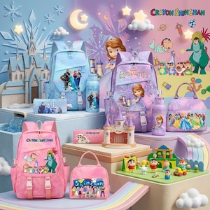 Cartoon Kids Backpack Set 4PCS – Princess Sofia Frozen Shinchan School Bag Combo, Lunch Bag Pencil Case Water Bottle Gift for Girls Boys