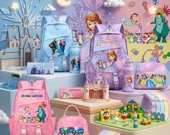 Cartoon Kids Backpack Set 4PCS – Princess Sofia Frozen Shinchan School Bag Combo, Lunch Bag Pencil Case Water Bottle Gift for Girls Boys