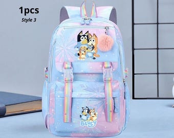 Bluey Backpack 1Pc | Purple Pastel Tie Dye School Bag | Cute Bluey Bingo Birthday Party Bookbag for Girls Boys | Pastel Purple Kids Daypack