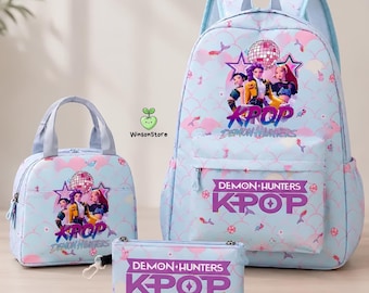 K Pop Demon Hunters Girls Backpack Set 3 Piece School, Huntrix Backpack, Lunch Bag Pencil Case Bundle, Gift for Girls, Back to School Bundle