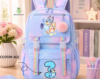 Custom Bluey Backpack 1Pc | Rainbow Pastel Tie Dye School Bag | Cute Bluey Bingo Birthday Party Bookbag for Girls Boys Back to School Gift