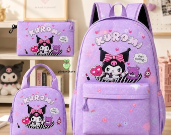 Cute Goth Purple Backpack Set 3, Kawaii Cartoon School Bag, Pastel Gothic Backpack, Anime Style Bookbag, Kids School Backpack Gift