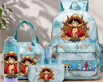 Einteiliger Rucksack-Set, Luffy Anime Schultasche, Monkey D Luffy Rucksack, Anime Rucksack für Kinder, Lunch Bag Federmäppchen Wasserflasche Set