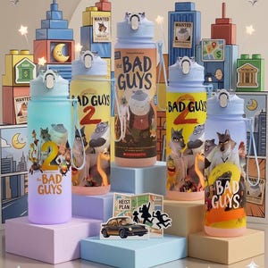 The Bad Guys 2 Water Bottle 750ml – Cartoon Kids Straw Bottle Leakproof School Travel Drink Flask