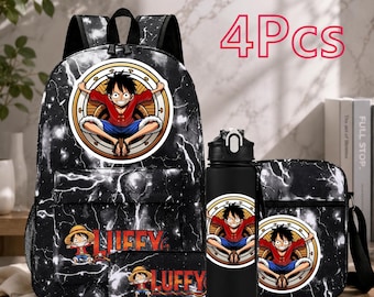 Einteiliger Rucksack-Set, Luffy Anime Schultasche, Monkey D Luffy Rucksack, Anime Rucksack für Kinder, Lunch Bag Federmäppchen Wasserflasche Set