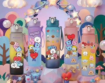 BT21 Kawaii Water Bottle 750ml – Cute Cartoon Characters Drink Cup, Leakproof School Bottle for Kids & Teens Gift
