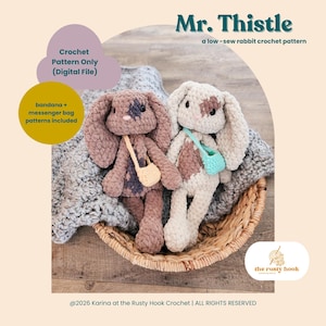 May include: Two crocheted rabbit dolls, one brown and one cream, with small messenger bags, sit in a woven basket. The image includes text that reads "Mr. Thistle" and "Crochet Pattern Only (Digital File)".