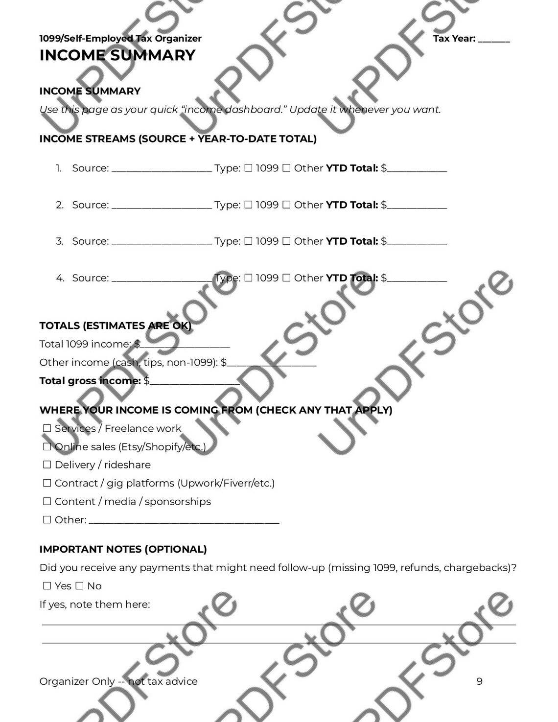 Fillable 1099 Tax Organizer PDF 2025 | Self-employed Income & Expense ...