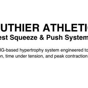 Op de afbeelding: Witte achtergrond met de tekst "AUTHIER ATHLETICS" in vette zwarte letters. Daaronder wordt "Chest Squeeze & Push System PRO" weergegeven. De tekst beschrijft een professioneel EMG-gebaseerd hypertrofiesysteem.