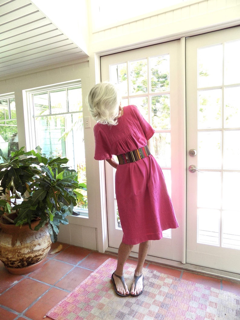 Vintage Guatemalan dress dark pink 1970/'s hand embroidered medium