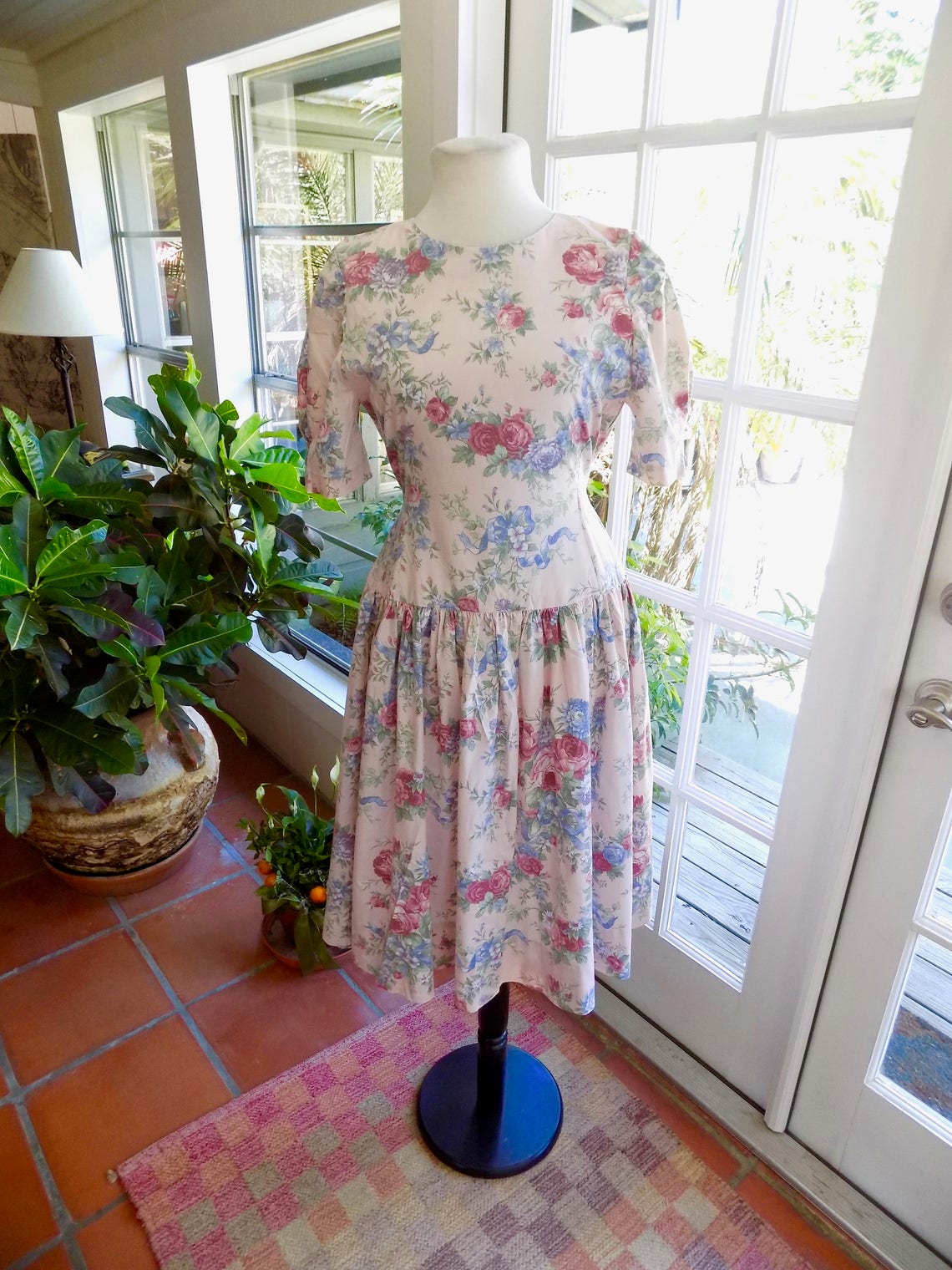 Vintage chintz floral dress dropped waist tie waist full skirt | Etsy