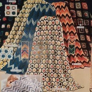 May include: An advertisement for beautiful afghan kits. The image displays various crocheted and knitted afghans in different patterns and colors, including floral, chevron, and square designs. The text reads "BEAUTIFUL AFGHAN KITS to make an heirloom treasure."