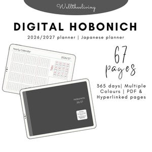 May include: Digital Hobonichi planner for 2026/2027 with 67 pages. The image shows two digital planners, one with a yearly calendar and the other with a dark gray cover. The planner includes 365 days, multiple colors, PDF, and hyperlinked pages.