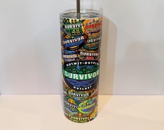 Bicchiere termico con logo delle 50 stagioni di Survivor / Regalo per i fan / Bicchiere termico in acciaio inossidabile con stampa a sublimazione / 20 oz