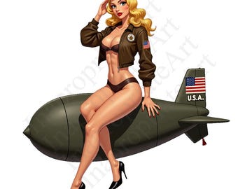 May include: Illustration of a woman in a brown bomber jacket, cap, and lingerie, sitting on a green bomb. The bomb has a U.S. flag and the letters "U.S.A." on its tail. She is wearing black high heels.