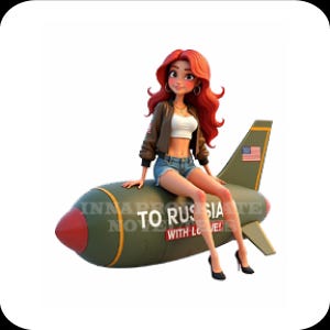 May include: A cartoon woman with red hair sits atop a green missile with the text "INAPPROPRIATE TO RUSSIA WITH LOVE!". She wears a white top, denim shorts, a brown jacket, and black heels. The missile has a red nose and a fin with an American flag.