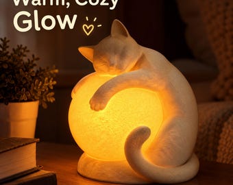 Puede incluir: Una lámpara con figura de gato de color crema con una superficie texturizada, enroscada alrededor de una fuente de luz esférica brillante. El texto "Warm, Cozy Glow" y un pequeño icono de corazón son visibles en la esquina superior izquierda.