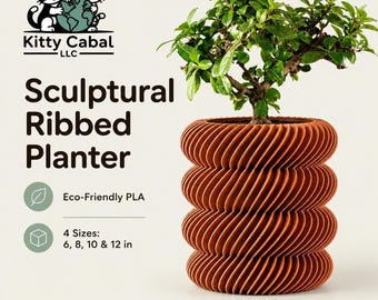 3D Printed Planter, Ribbed PLA Design | 6–12 Inch Sizes, 18 Colors