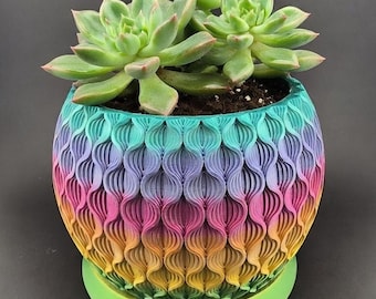 Colorful Plant Pot, 3D Printed Rainbow Dragon Scale Design, PLA