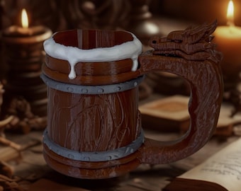 Fantasy Dragon Handle Beer Mug, Rustic Wood-Look Drinkware, Eco Plastic Cup