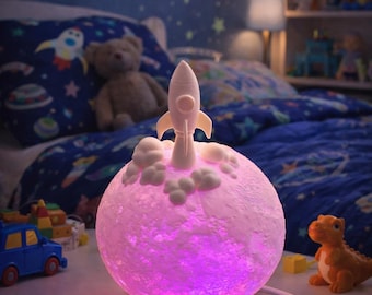 Rocket Moon Lamp | Pink Galaxy Night Light, Space Nursery Decor