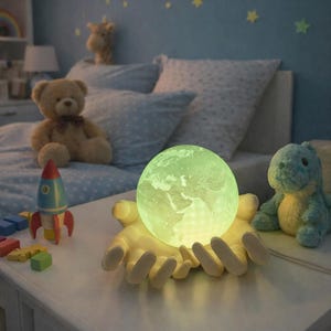 3D Printed Globe Lamp with Hands | Color Changing LED Earth Desk Light