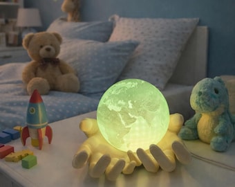 3D Printed Globe Lamp with Hands | Color Changing LED Earth Desk Light