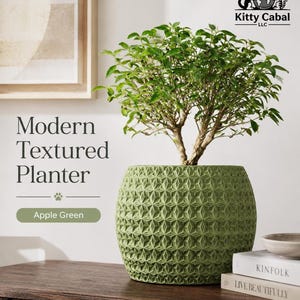 Pode incluir: Um vaso texturizado verde-maçã com um padrão geométrico de estrelas contendo uma pequena planta verde. O texto diz Modern Textured Planter, Apple Green e Kitty Cabal LLC. O vaso é redondo com um design em relevo repetitivo.