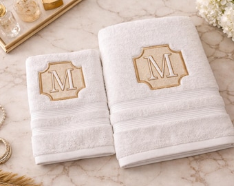 Essuie-mains à monogramme personnalisé, coton de luxe, décoration de salle de bain blanche absorbante