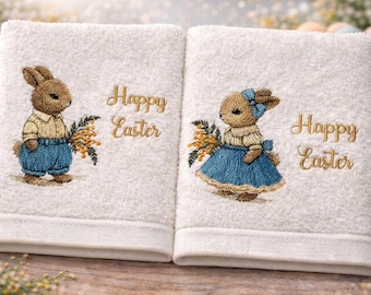Essuie-mains brodé lapin de Pâques, décoration de salle de bain printanière, décoration de Pâques à la ferme, cadeau des fêtes, serviette de cuisine ou de salle de bain