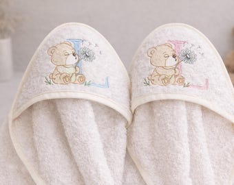 Personalized Baby Hooded Towel, Embroidered Initial, Soft Coral Fleece, Toddler Bath Towel 31.5”