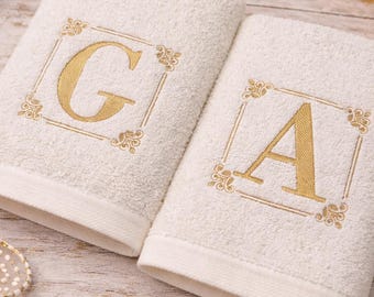 Essuie-mains personnalisés à monogramme doré, décoration de salle de bain de luxe en coton blanc