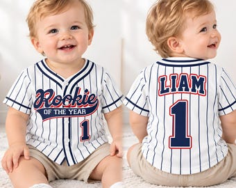 Personalized Baby Boy Baseball Jersey, Rookie of the Year 1st Birthday Outfit, Custom Name Number Navy Pinstripe Toddler Jersey