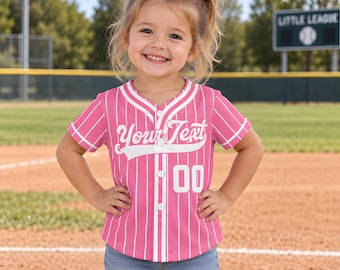 Personalized Pink Baseball Jersey for Girls, Custom Name & Number Kids Jersey, Toddler Birthday Baseball Shirt, Pink Pinstripe Sports Outfit