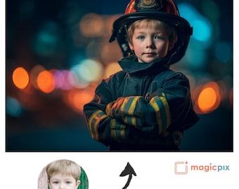 Custom Firefighter Portrait | Personalized Kids Hero Art From Photo (Digital Download)