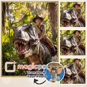 Anpassat dinosaurieäventyrsporträtt | Personlig digital konst för barn från foto | Ridande på en tyrannosaurus (digital nedladdning)