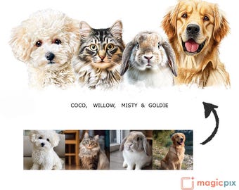 Horizontal Custom Pet Family Portrait | Personalized Multi‑Pet Artwork From Photo (Digital Download)