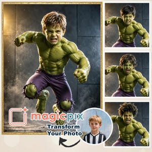 以下が含まれることがあります： 緑色の肌と筋肉質な体格を持ち、コミックのキャラクターに似た子供が、破れた紫色のショートパンツを着用しているデジタル合成画像。画像には「magicpix Transform Your Photo」というテキストと小さな円形のインセットが含まれています。