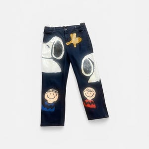 Hand-painted Oversized Snoopy Dark Denim Jeans | Bold Statement | Los Angeles Artist