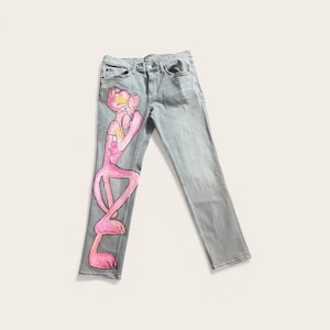 Hand-painted Pink Panther Stretch Jeans | Light Grey | Full Leg Design | Los Angeles Artist