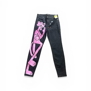 Hand-painted Pink Panther with Cigar | Dark Grey Denim Jeans | Los Angeles Artist