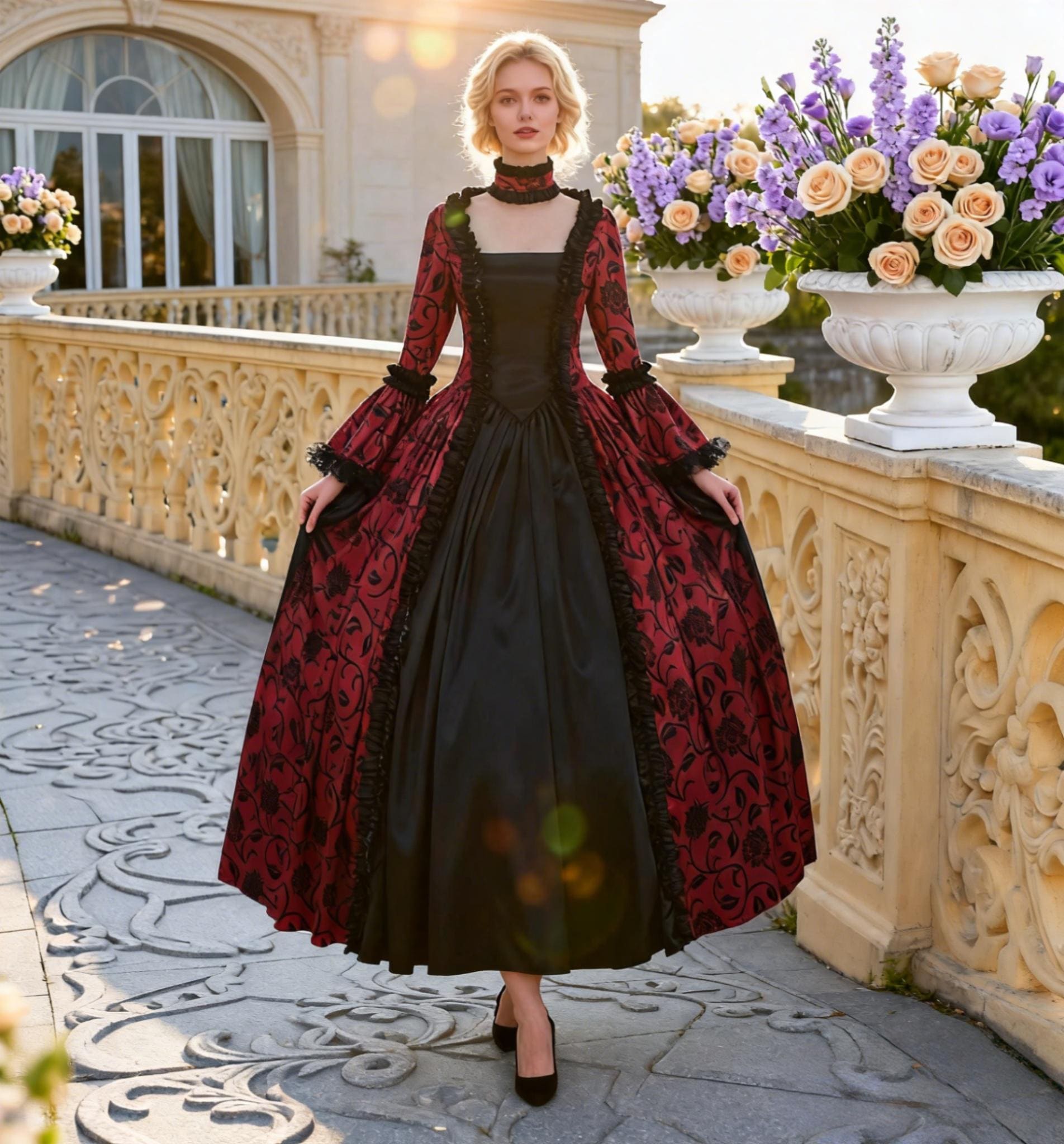 Victorian Crimson Floral Ball Gown