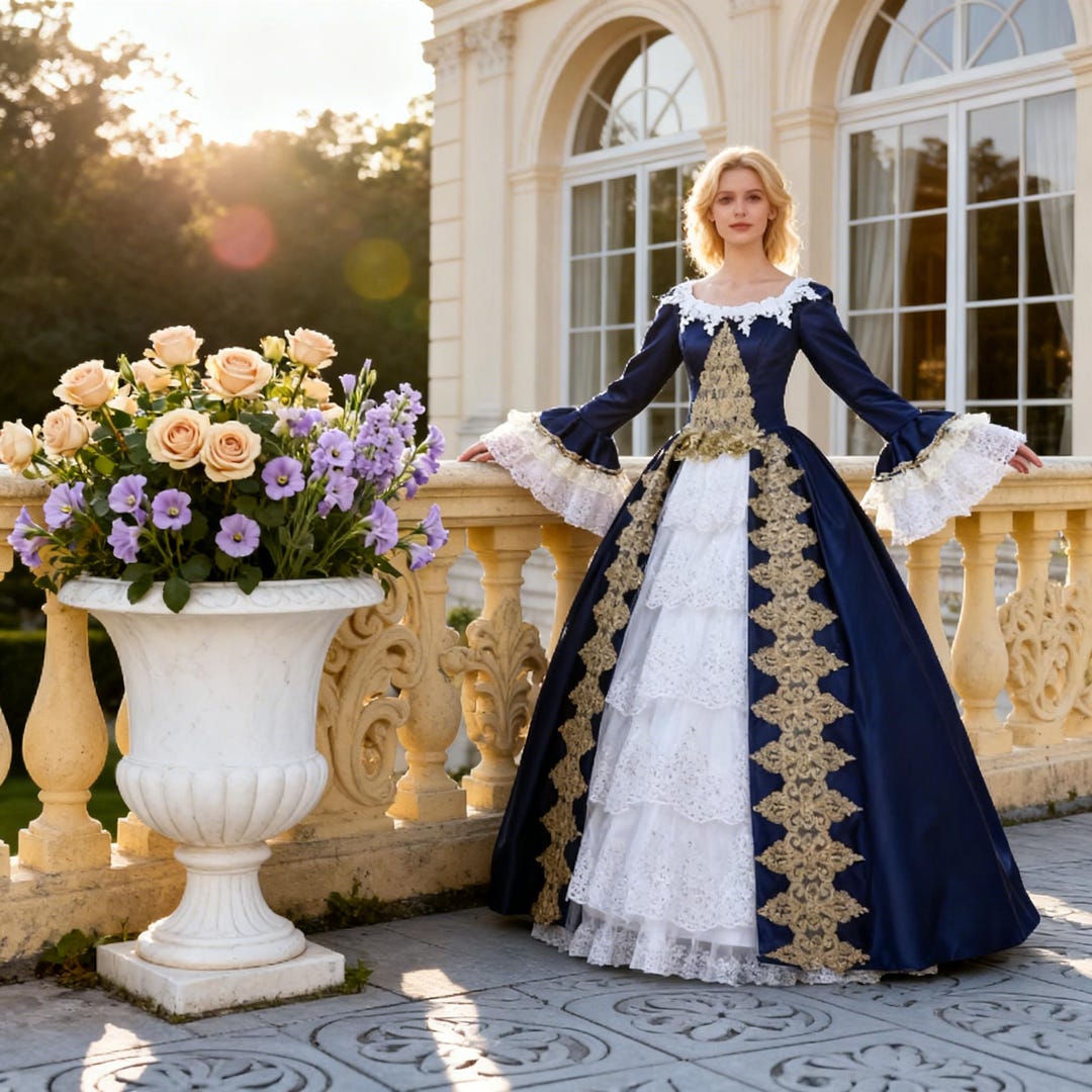Custom Navy Blue Rococo Ball Gown | Gold Lace | Costume/event | Opulent ...