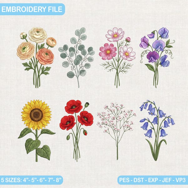 Floral Machine Embroidery Designs Bundle, Sunflower Poppy Cosmos Pattern  Wildflower Embroidery File