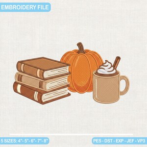 Gezellig herfstpompoen boekenstapel borduurpatroon, herfst koffie latte mok machine borduurbestand, Thanksgiving applicatiepatroon digitaal