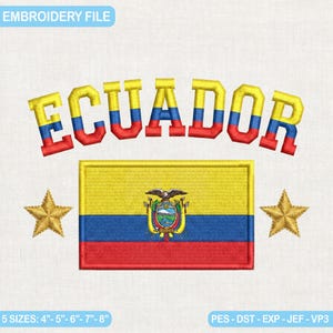 Puede incluir: Un diseño de archivo de bordado que presenta la palabra ECUADOR en una fuente de bloque amarilla, azul y roja, colocada sobre una bandera ecuatoriana rectangular con su escudo central, flanqueada por dos estrellas doradas a cada lado.