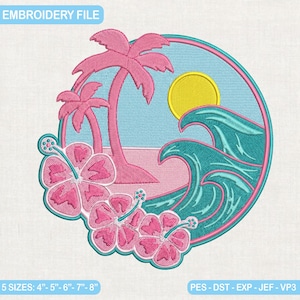 May include: An embroidery file featuring a tropical beach scene. The design includes pink palm trees, hibiscus flowers, a yellow sun, and teal waves, all set against a blue sky and pink sand. The text "EMBROIDERY FILE" is at the top. The design is available in 5 sizes.