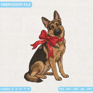 German Shepherd Embroidery Design, Dog With Bow, Fleece Pattern (Digital Download)